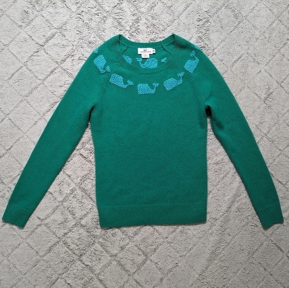 Vineyard Vines Sweater Women's XXS Green Lambswool Whale Knit Print Crewneck - Picture 1 of 5